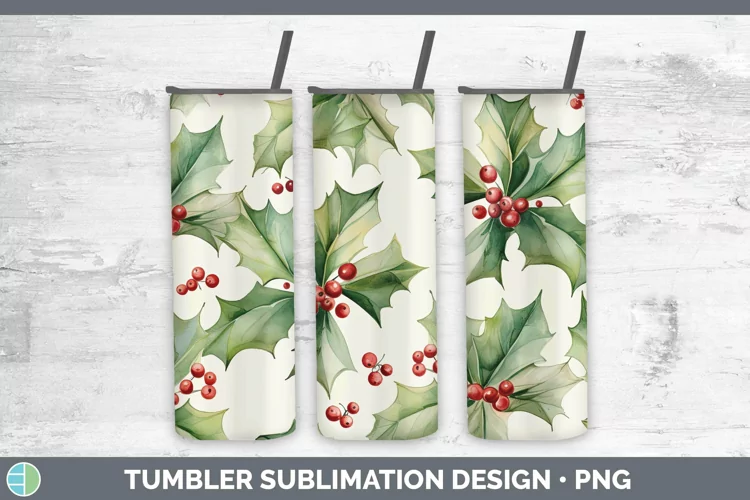 Watercolor Christmas Holly Tumbler Sublimation 20 oz Skinny