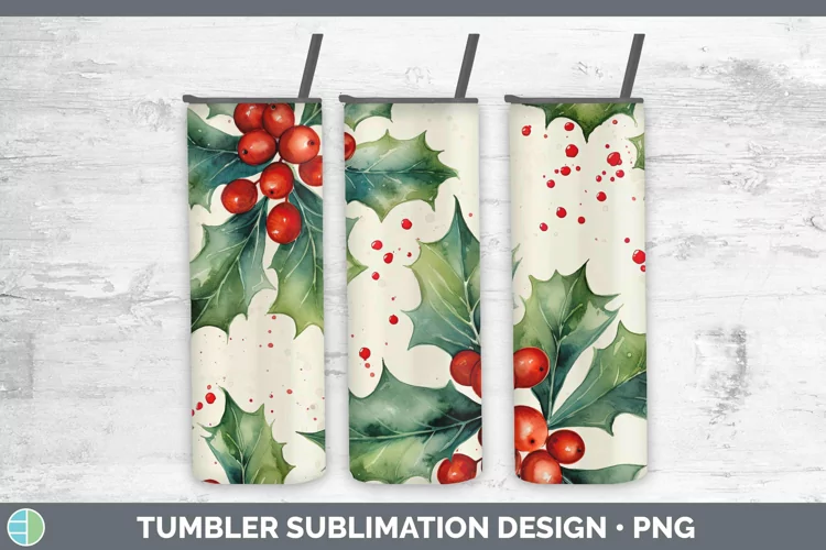 Watercolor Christmas Holly Tumbler Sublimation 20 oz Skinny