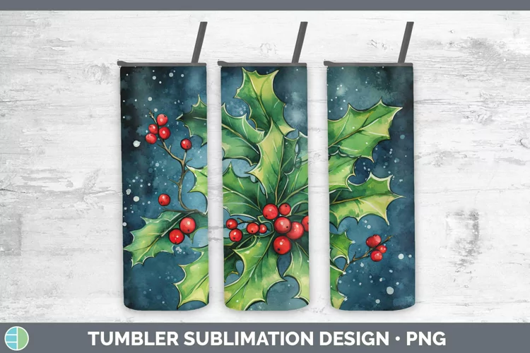 Watercolor Christmas Holly Tumbler Sublimation 20 oz Skinny
