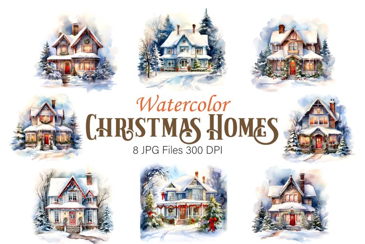 Watercolor Christmas Home. Clipart Bundle. example image 1