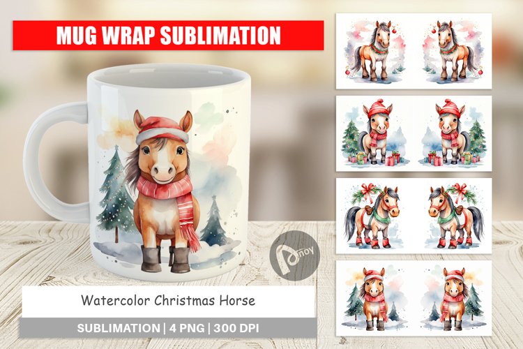 Mug Wrap Design Watercolor Christmas Horse