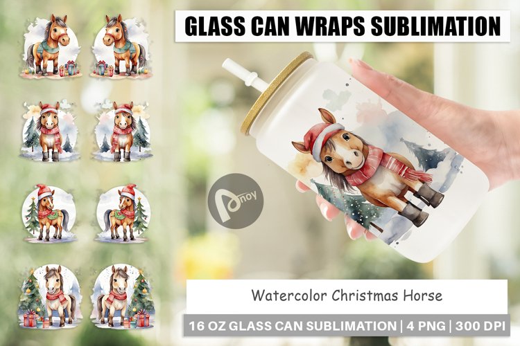 Glass Can Wraps Watercolor Christmas Horse