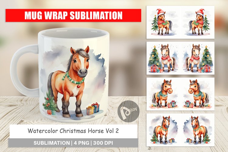 Mug Wrap Design Watercolor Christmas Horse