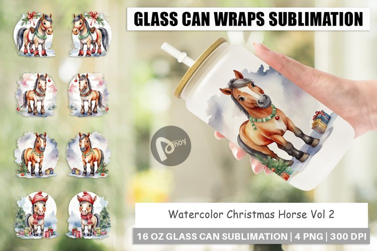 Glass Can Wraps Watercolor Christmas Horse