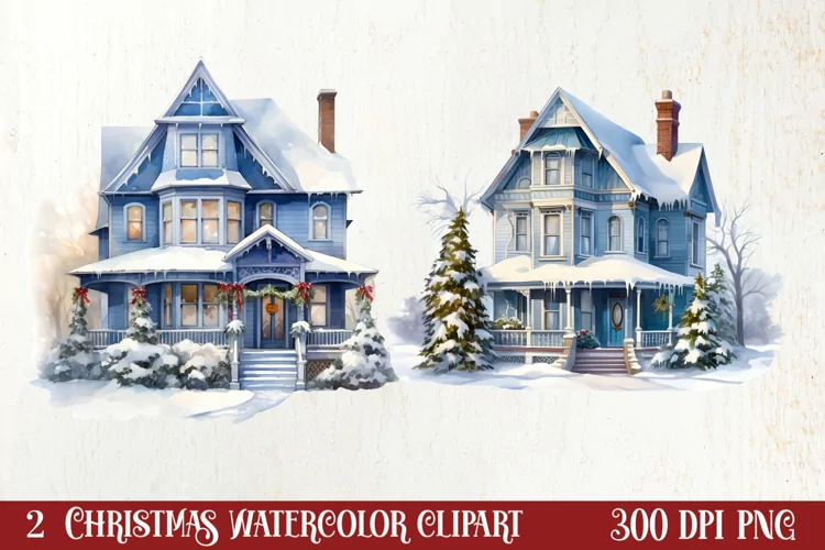 Watercolor Christmas houses clipart, Christmas Clipart