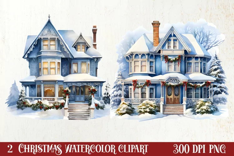 Watercolor Christmas houses clipart, Christmas Clipart