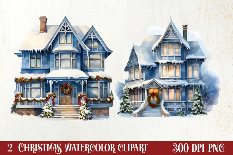 Watercolor Christmas houses clipart, Christmas Clipart