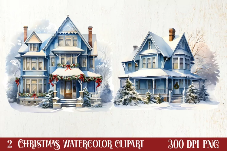 Watercolor Christmas houses clipart, Christmas Clipart