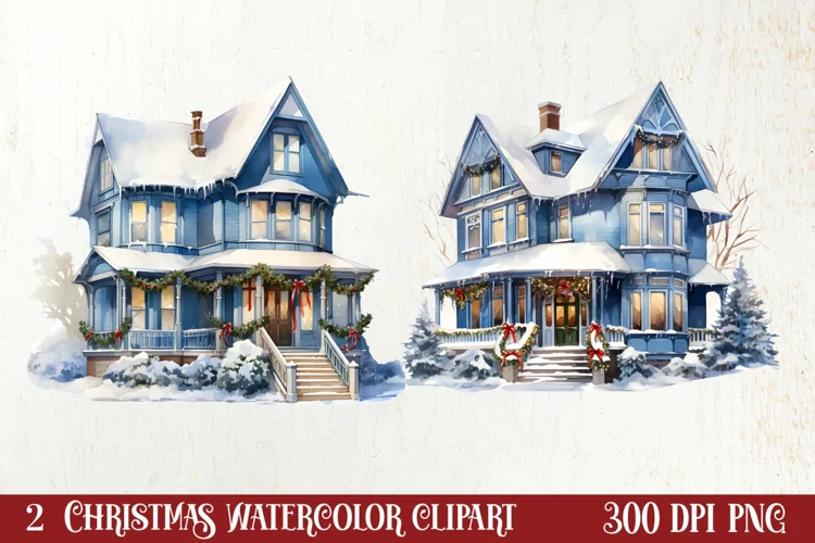 Watercolor Christmas houses clipart, Christmas Clipart