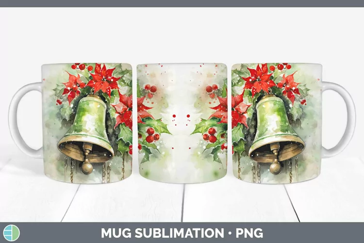Watercolor Christmas Jingle Bells Mug Wrap Sublimation Coffe