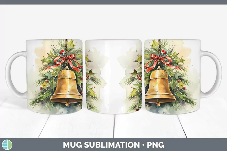 Watercolor Christmas Jingle Bells Mug Wrap Sublimation Coffe