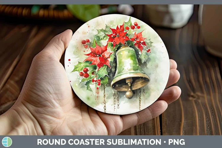 Watercolor Christmas Jingle Bells Round Coaster Sublimation