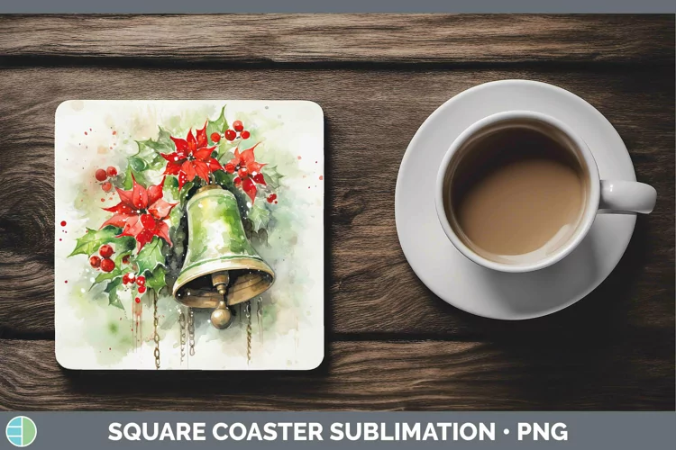 Watercolor Christmas Jingle Bells Square Coaster Sublimation
