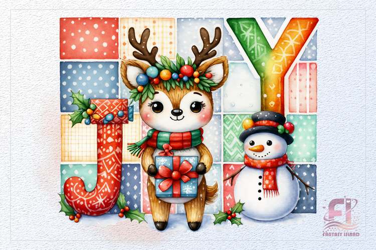 Christmas Joy Deer Snowman Watercolor Clipart PNG Holiday