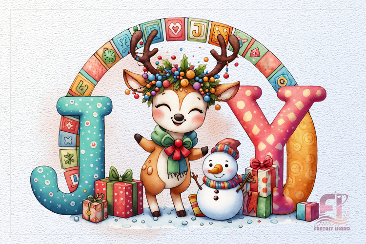 Christmas Joy Deer Snowman Watercolor Clipart PNG Holiday