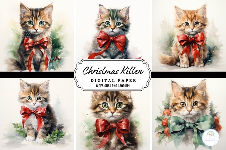 Watercolor Christmas Kitten Background