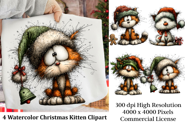 Watercolor Christmas Kitten Clipart