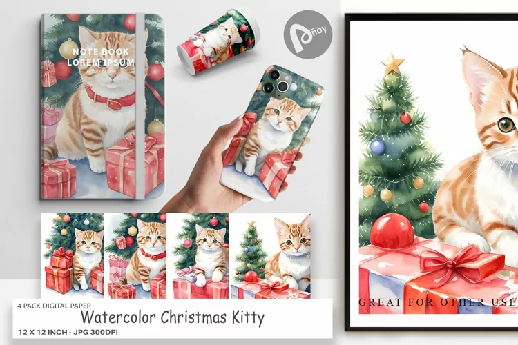 Digital Paper Watercolor Christmas Cat