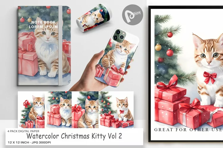 Digital Paper Watercolor Christmas Cat