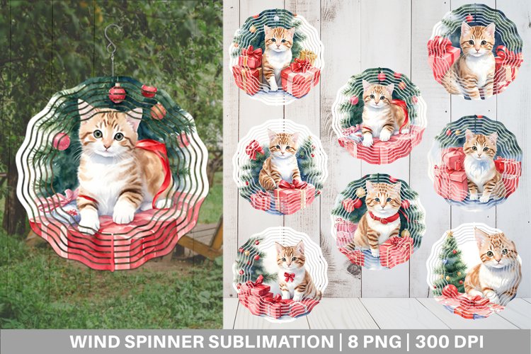 Watercolor Christmas Kitty Wind Spinner | Sublimation