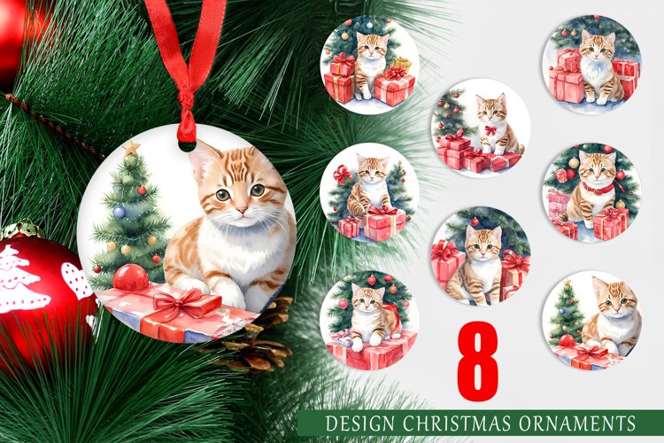 Christmas Ornaments Watercolor Kitty With Gifts