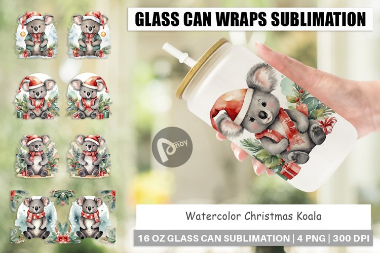 Glass Can Wraps Watercolor Christmas Koala