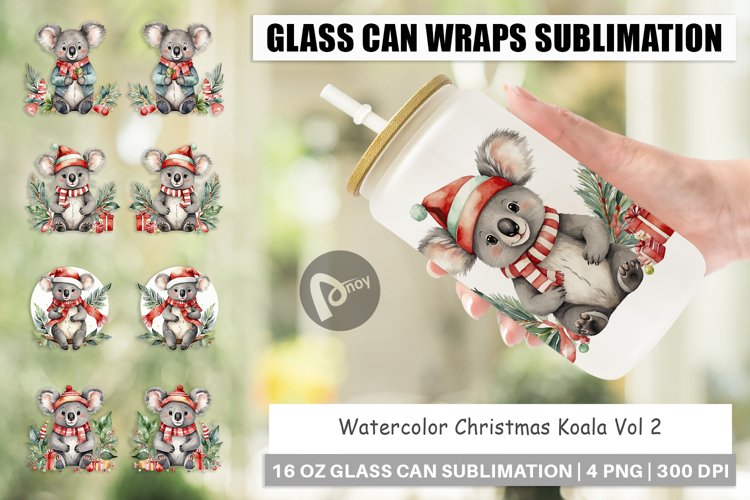 Glass Can Wraps Watercolor Christmas Koala