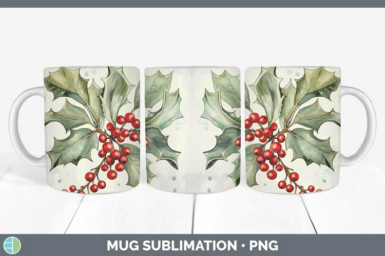 Watercolor Christmas Mistletoe Mug Wrap Sublimation Coffee C