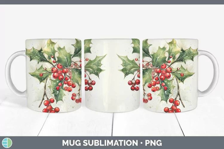 Watercolor Christmas Mistletoe Mug Wrap Sublimation Coffee C