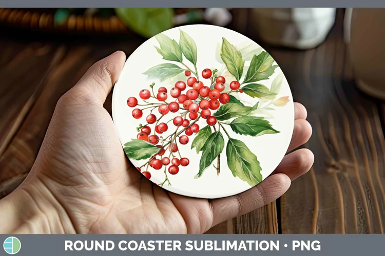Watercolor Christmas Mistletoe Round Coaster Sublimation Coa