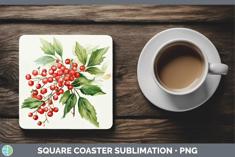 Watercolor Christmas Mistletoe Square Coaster Sublimation Co
