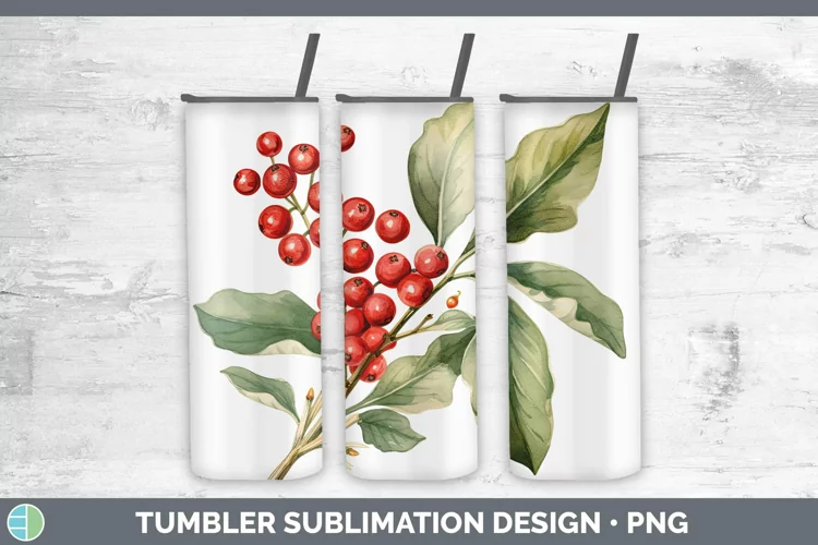 Watercolor Christmas Mistletoe Tumbler Sublimation 20 oz Ski