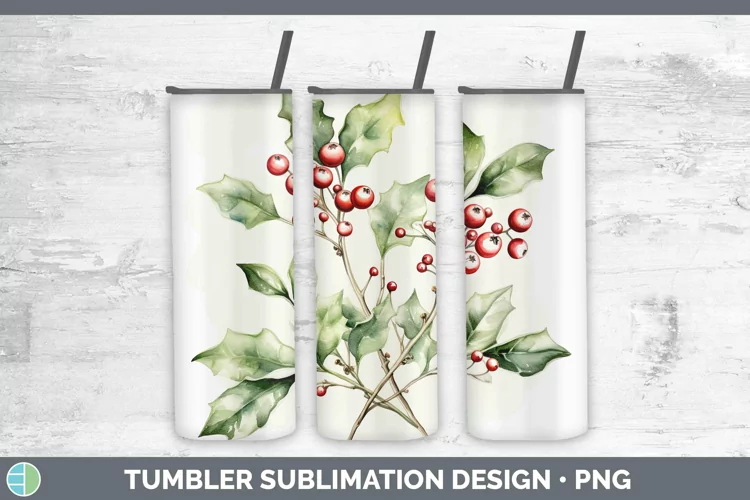Watercolor Christmas Mistletoe Tumbler Sublimation 20 oz Ski