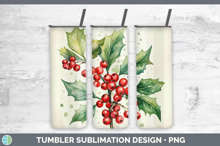 Watercolor Christmas Mistletoe Tumbler Sublimation 20 oz Ski