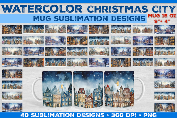 Watercolor Christmas City Mug Sublimation Design