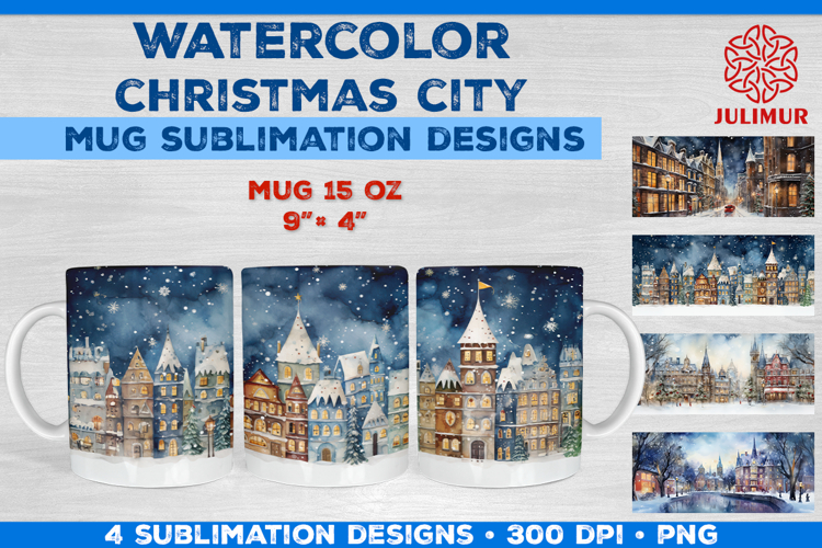 Watercolor Christmas City Mug Sublimation Design