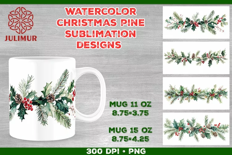 Watercolor Christmas Pine & Holly Garland Mug Sublimation