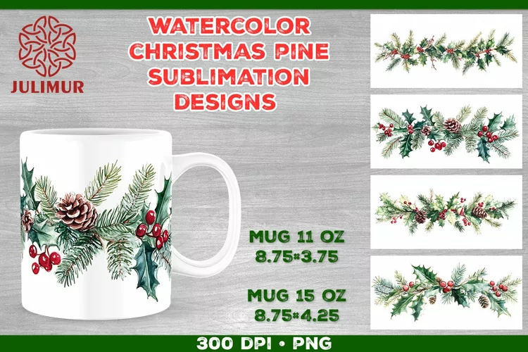 Watercolor Christmas Pine & Holly Garland Mug Sublimation