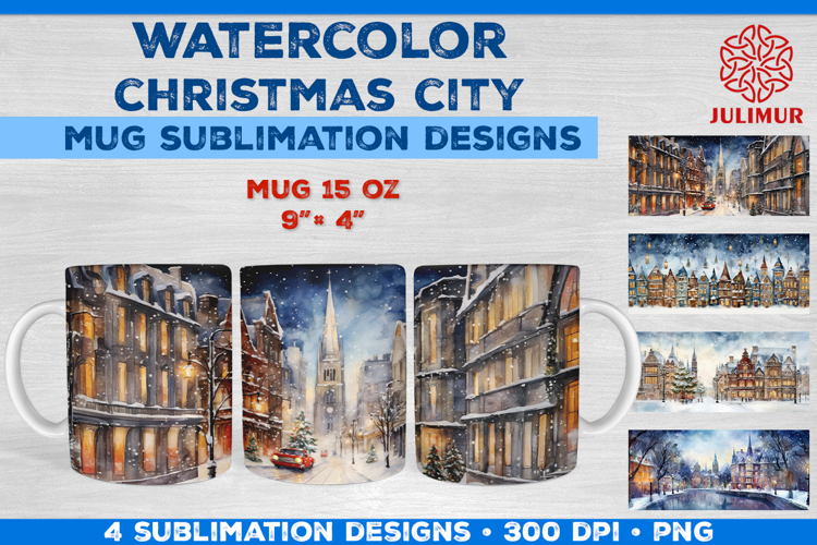 Watercolor Christmas City Mug Sublimation Design