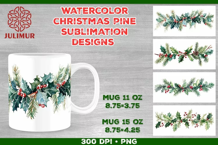 Watercolor Christmas Pine & Holly Garland Mug Sublimation
