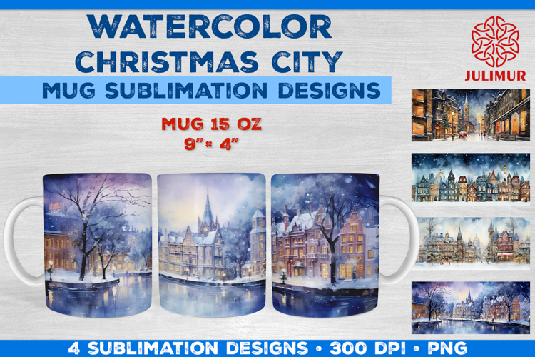 Watercolor Christmas City Mug Sublimation Design