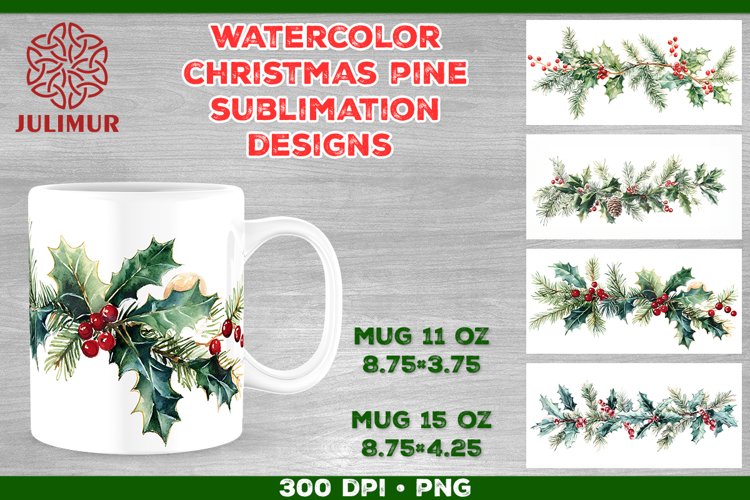 Watercolor Christmas Pine & Holly Garland Mug Sublimation example image 1