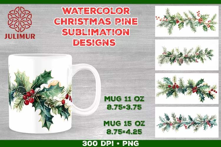 Watercolor Christmas Pine & Holly Garland Mug Sublimation