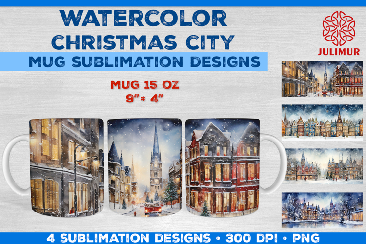 Watercolor Christmas City Mug Sublimation Design