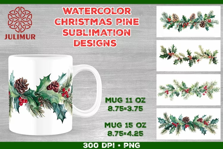 Watercolor Christmas Pine & Holly Garland Mug Sublimation