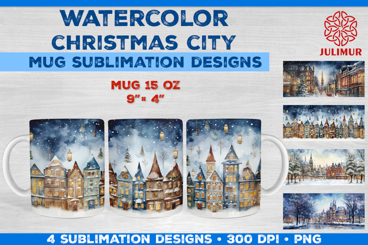 Watercolor Christmas City Mug Sublimation Design
