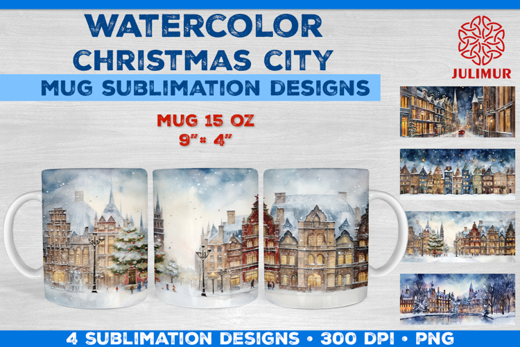 Watercolor Christmas City Mug Sublimation Design
