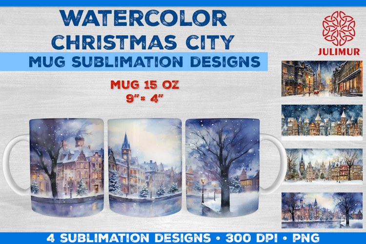 Watercolor Christmas City Mug Sublimation Design