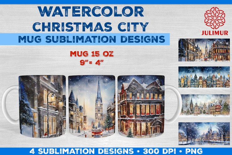 Watercolor Christmas City Mug Sublimation Design