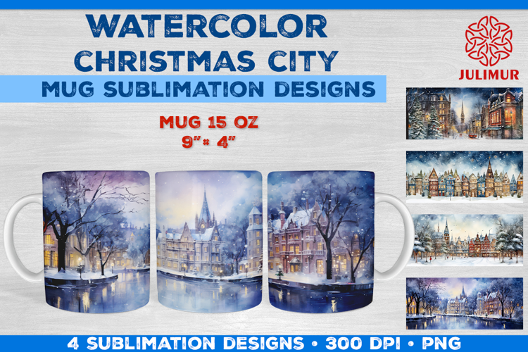 Watercolor Christmas City Mug Sublimation Design